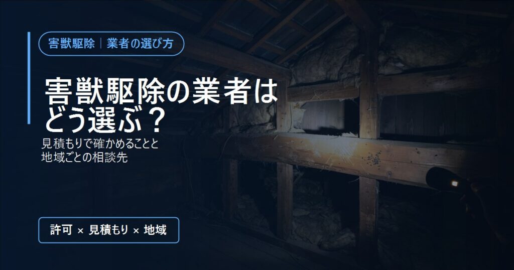 懐中電灯で照らした屋根裏の梁に残るふんと引っかき傷。害獣駆除の業者の選び方