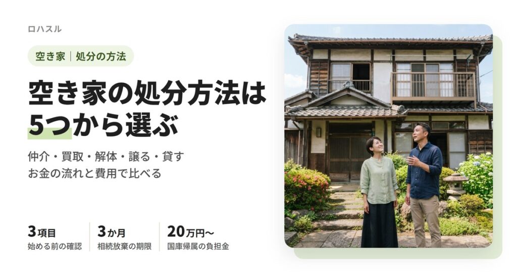 空き家の処分方法5つ（仲介・買取・解体・譲る・貸す）と、始める前の確認、国に引き取ってもらう費用