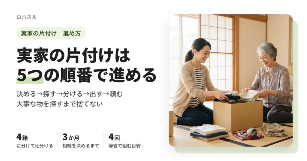 実家の片付けは決める・探す・分ける・出す・頼むの5つの順番で。4つの箱の分け方と帰省4回の目安